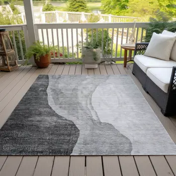 9' X 12' Gray Charcoal And Silver Abstract Washable Indoor Outdoor Area Rug