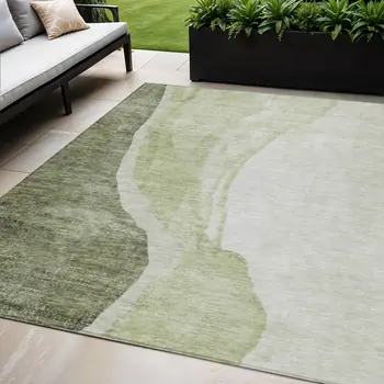 5' X 8' Olive Green And Beige Abstract Washable Indoor Outdoor Area Rug