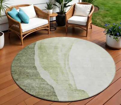 8' Olive Green And Beige Round Abstract Washable Indoor Outdoor Area Rug