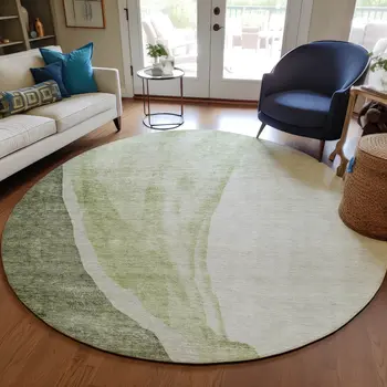 8' Olive Green And Beige Round Abstract Washable Indoor Outdoor Area Rug
