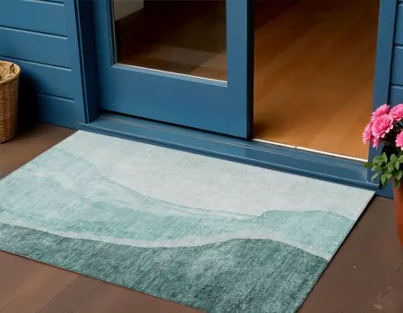 3' X 5' Teal Blue Aqua And Mint Green Abstract Washable Indoor Outdoor Area Rug