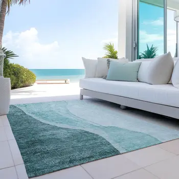 8' X 10' Teal Blue Aqua And Mint Green Abstract Washable Indoor Outdoor Area Rug