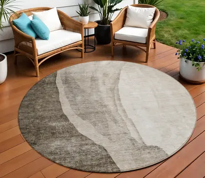 8' Taupe And Brown Round Abstract Washable Indoor Outdoor Area Rug