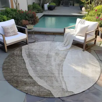 8' Taupe And Brown Round Abstract Washable Indoor Outdoor Area Rug