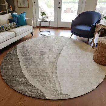 8' Taupe And Brown Round Abstract Washable Indoor Outdoor Area Rug