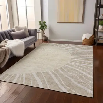 5' X 8' Beige And Khaki Abstract Washable Indoor Outdoor Area Rug
