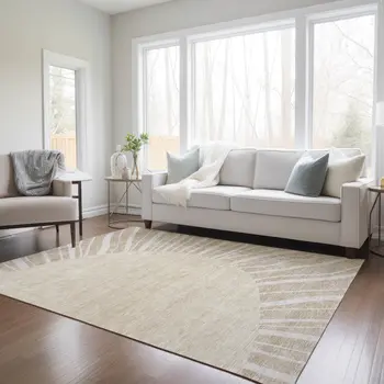 5' X 8' Beige And Khaki Abstract Washable Indoor Outdoor Area Rug