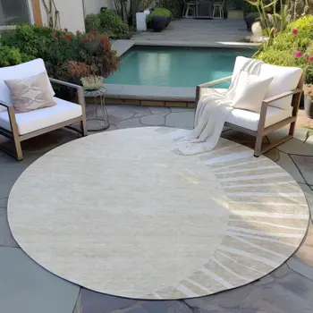8' Beige And Khaki Round Abstract Washable Indoor Outdoor Area Rug