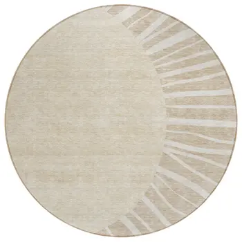 8' Beige And Khaki Round Abstract Washable Indoor Outdoor Area Rug