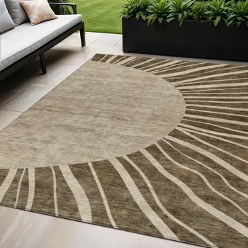 5' X 8' Brown Taupe And Beige Abstract Washable Indoor Outdoor Area Rug