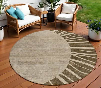 8' Brown Taupe And Beige Round Abstract Washable Indoor Outdoor Area Rug