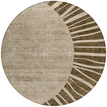 8' Brown Taupe And Beige Round Abstract Washable Indoor Outdoor Area Rug