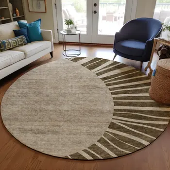 8' Brown Taupe And Beige Round Abstract Washable Indoor Outdoor Area Rug