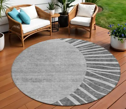 8' Charcoal Gray And Silver Round Abstract Washable Indoor Outdoor Area Rug