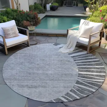 8' Charcoal Gray And Silver Round Abstract Washable Indoor Outdoor Area Rug