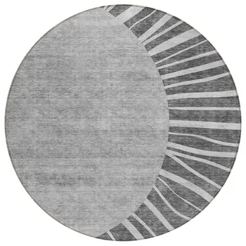8' Charcoal Gray And Silver Round Abstract Washable Indoor Outdoor Area Rug