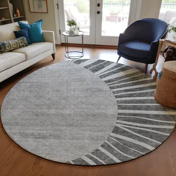 8' Charcoal Gray And Silver Round Abstract Washable Indoor Outdoor Area Rug