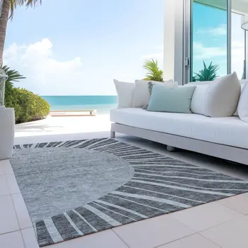 9' X 12' Charcoal Gray And Silver Abstract Washable Indoor Outdoor Area Rug