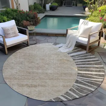 8' Chocolate Beige And Taupe Round Abstract Washable Indoor Outdoor Area Rug