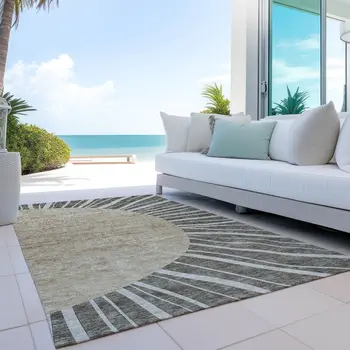 9' X 12' Chocolate Beige And Taupe Abstract Washable Indoor Outdoor Area Rug