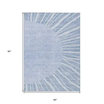 5' X 8' Denim Blue And Sky Blue Abstract Washable Indoor Outdoor Area Rug