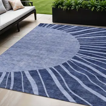 5' X 8' Navy Blue And Sky Blue Abstract Washable Indoor Outdoor Area Rug