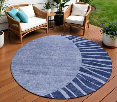8' Navy Blue And Sky Blue Round Abstract Washable Indoor Outdoor Area Rug