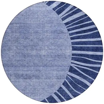 8' Navy Blue And Sky Blue Round Abstract Washable Indoor Outdoor Area Rug