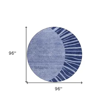 8' Navy Blue And Sky Blue Round Abstract Washable Indoor Outdoor Area Rug