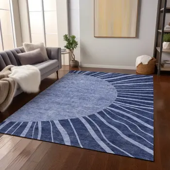 9' X 12' Navy Blue And Sky Blue Abstract Washable Indoor Outdoor Area Rug