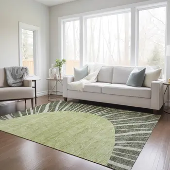 3' X 5' Olive Green And Artichoke Green Abstract Washable Indoor Outdoor Area Rug