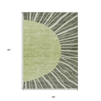 5' X 8' Olive Green And Artichoke Green Abstract Washable Indoor Outdoor Area Rug