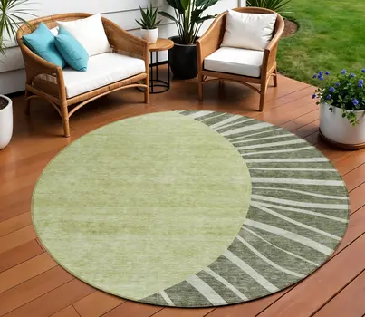 8' Olive Green And Artichoke Green Round Abstract Washable Indoor Outdoor Area Rug