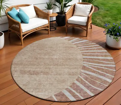 8' Orange Copper And Terra Cotta Round Abstract Washable Indoor Outdoor Area Rug