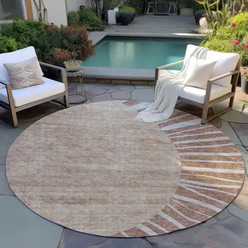 8' Orange Copper And Terra Cotta Round Abstract Washable Indoor Outdoor Area Rug