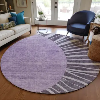 8' Purple Eggplant And Lavender Round Abstract Washable Indoor Outdoor Area Rug