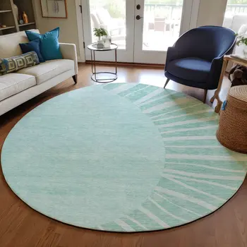8' Teal Blue Aqua And Mint Green Round Abstract Washable Indoor Outdoor Area Rug