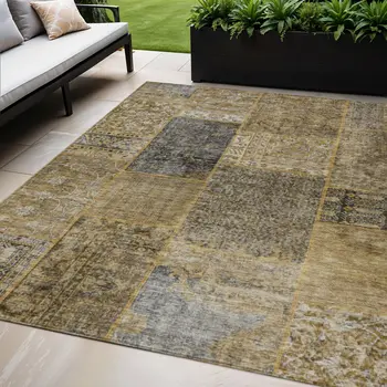 5' X 8' Brown Gray And Charcoal Patchwork Washable Indoor Outdoor Area Rug