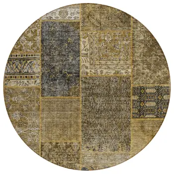 8' Brown Gray And Charcoal Round Patchwork Washable Indoor Outdoor Area Rug