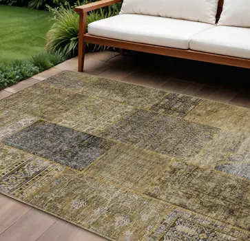 10' X 14' Brown Gray And Charcoal Patchwork Washable Indoor Outdoor Area Rug