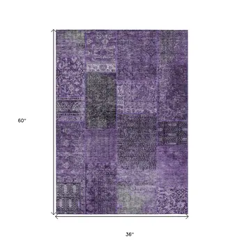 3' X 5' Eggplant Purple And Charcoal Patchwork Washable Indoor Outdoor Area Rug