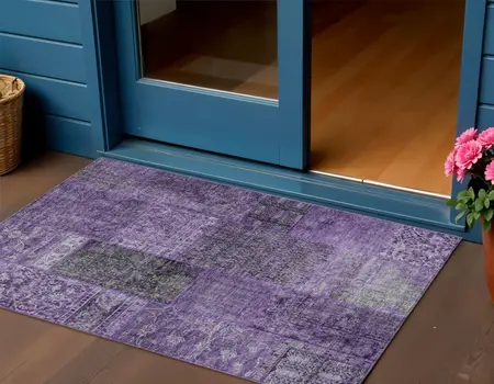 3' X 5' Eggplant Purple And Charcoal Patchwork Washable Indoor Outdoor Area Rug