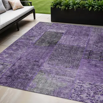 5' X 8' Eggplant Purple And Charcoal Patchwork Washable Indoor Outdoor Area Rug