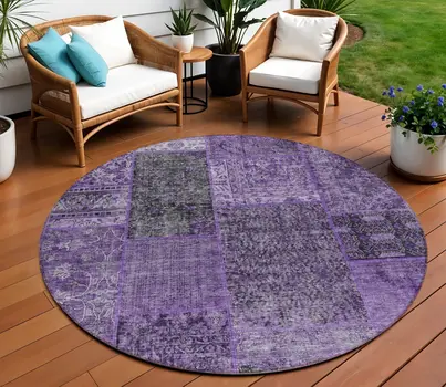 8' Eggplant Purple And Charcoal Round Patchwork Washable Indoor Outdoor Area Rug