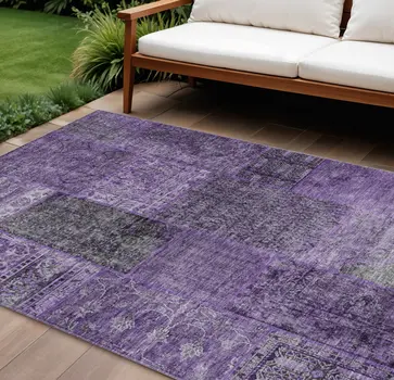 8' X 10' Eggplant Purple And Charcoal Patchwork Washable Indoor Outdoor Area Rug