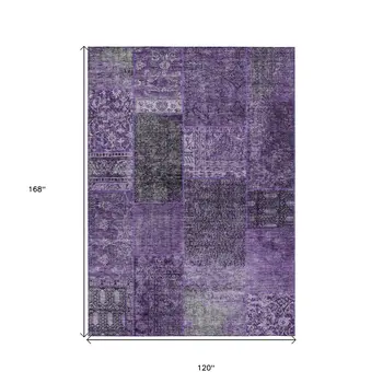 10' X 14' Eggplant Purple And Charcoal Patchwork Washable Indoor Outdoor Area Rug