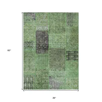 3' X 5' Green And Olive Green Patchwork Washable Indoor Outdoor Area Rug