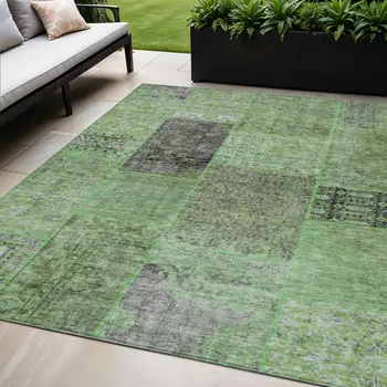 5' X 8' Green And Olive Green Patchwork Washable Indoor Outdoor Area Rug