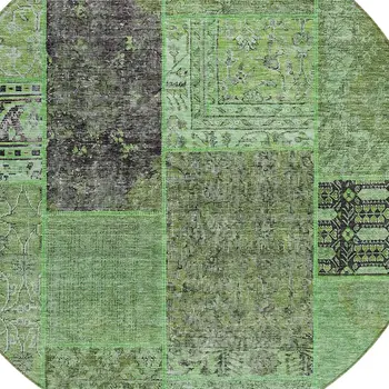 8' Green And Olive Green Round Patchwork Washable Indoor Outdoor Area Rug