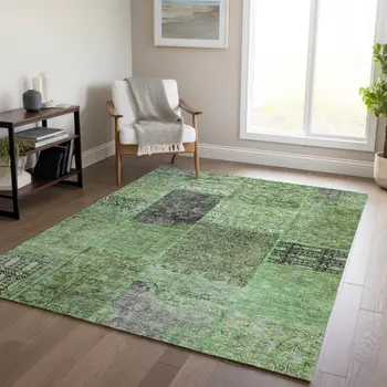 10' X 14' Green And Olive Green Patchwork Washable Indoor Outdoor Area Rug